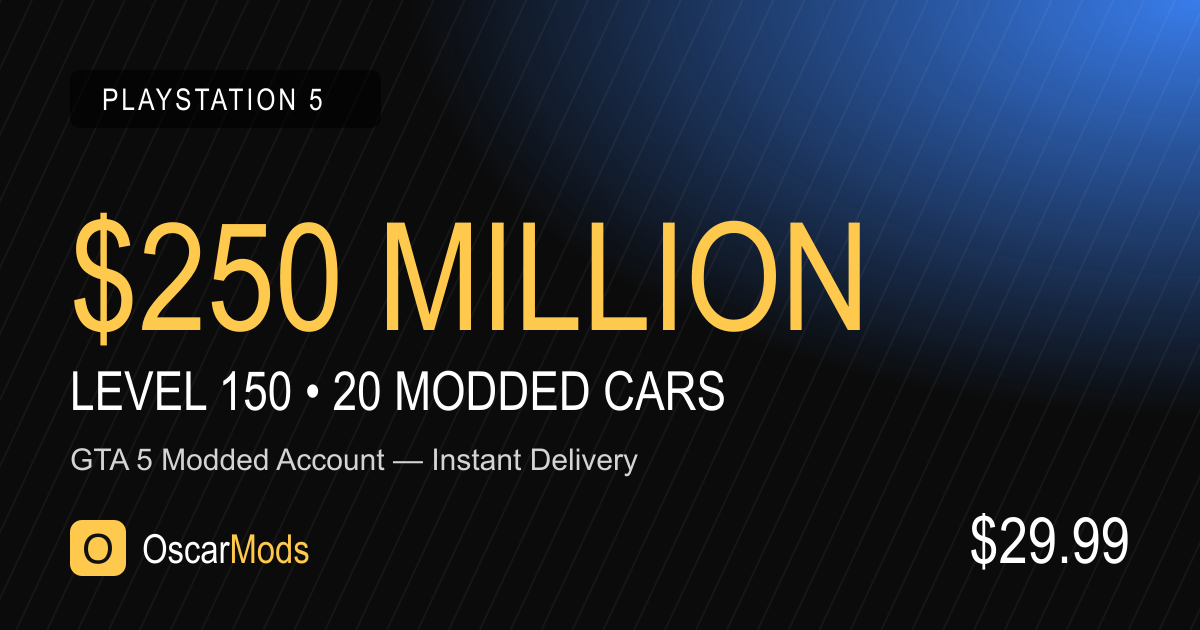 GTA 5 modded account for PlayStation 5 with $250 Million cash, level 150 and 20 modded cars